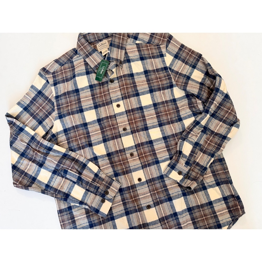 LL Bean Men Medium Flannel Shirt Traditional Fit Blue Brown Plaid NWT 228061
